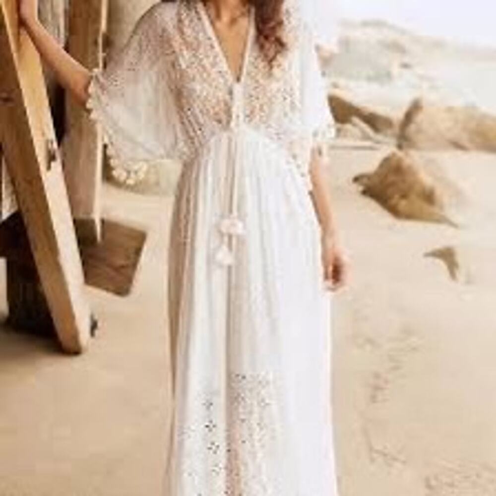 Chelsea & Violet Beaded Embroidered Cotton Cover-Up Maxi Dress Size Small Boho